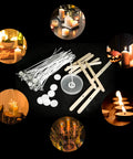 All In One Candle Making Kit With 100 Six Inch Cotton Wicks 30 Sticker Sets And 10 Centering Tools. Jar candles lit around kit.