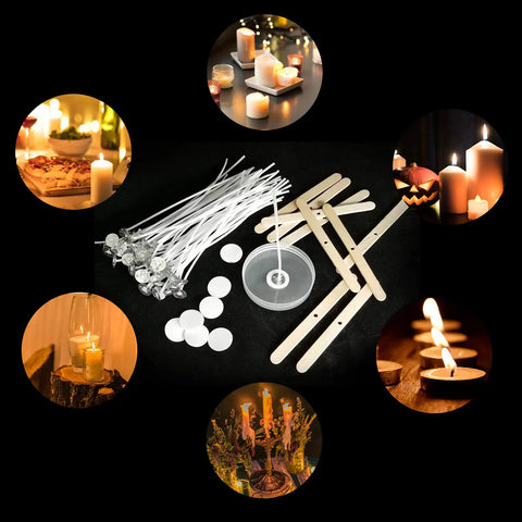 All In One Candle Making Kit With 100 Six Inch Cotton Wicks 30 Sticker Sets And 10 Centering Tools. Jar candles lit around kit.