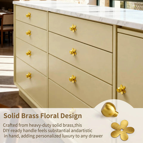Kitchen cabinets with 4-Pack Solid Brass Gold Cabinet Knobs With Flower Backplate installed, showing durable tarnish-resistant finish