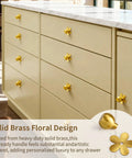 Real Deal Solid Brass Cabinet Knobs Slick Flower Backplate Brushed Gold Finish Heavy Duty Drawer Pulls Built Tough For Dressers Tarnish Proof Zero Rust Hardware Upgrade on kitchen drawers.