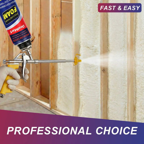 Heavy Duty Closed Cell Spray Foam Insulation Kit Self Expanding Polyurethane being applied with a spray gun on wall studs.