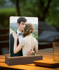 Heart shape LED acrylic photo frame with couple image on wood stand, part of 5 by 7 inch sublimation ready photo frames set
