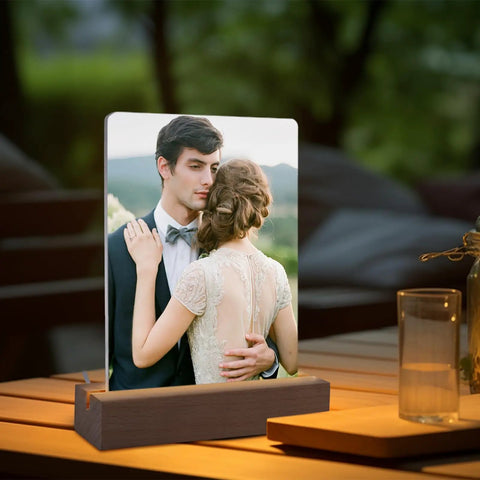 Heart shape LED acrylic photo frame with couple image on wood stand, part of 5 by 7 inch sublimation ready photo frames set