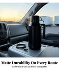 Portable Stainless Steel 12V 24V Car Kettle With Heat Preservation Dual Wattage Settings For Keeping Your Brew Piping Hot On Backroads, displayed in vehicle with steam.