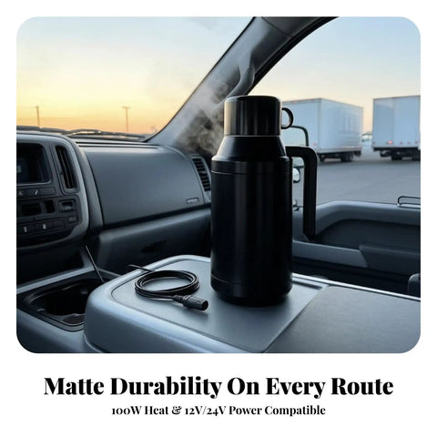 Portable Stainless Steel 12V 24V Car Kettle With Heat Preservation Dual Wattage Settings For Keeping Your Brew Piping Hot On Backroads, displayed in vehicle with steam.