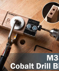 Doweling Jig Kit Three Eighths Inch For Woodworking With Laser Cut Witness Marks Easy Alignment Depth Scale Drill Guide Includes Cobalt M 35 Drill Bit And Split Ring Stop Collar showing drill in use on wood