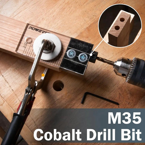 Doweling Jig Kit Three Eighths Inch For Woodworking With Laser Cut Witness Marks Easy Alignment Depth Scale Drill Guide Includes Cobalt M 35 Drill Bit And Split Ring Stop Collar showing drill in use on wood