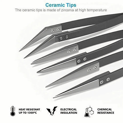 Pro-Grade Ceramic Tweezers Set For Electronics And High Temp Work, 3-Piece Kit With Pointed, Bent And Flat Zirconia Tips, Antistatic, Anticorrosion, Antimagnetic, Heat Resistant Up To 3000F, Stainless Steel Handles