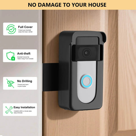 Anti-Theft Doorbell Camera Mount No-Drill For Battery Doorbells installed on wooden door showing no-drill installation.