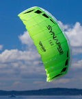 Synapse 140 Dual-Line Parafoil Kite in Cilantro, flying against blue sky and clouds, no frame parts, easy setup, durable for kids and adults