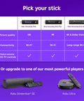 Comparison chart of Roku streaming sticks showing HD, 4K, and 4K Dolby Vision options, featuring voice remote controls.