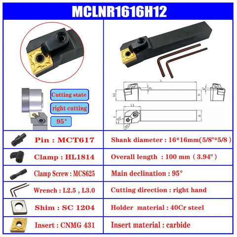 3 Piece Excircle CNC Lathe Tool Holder Set With Five Eighths Inch Shank And 100Mm Length Includes MTJNR1616H16 MWLNR1616H08 MCLNR1616H12 And WNMG431 CNMG431 TNMG331 Right Cutting Inserts Plus Wrenches For Precision Machining