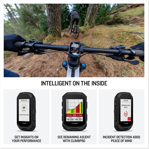 Rugged Mountain Bike GPS Computer With Preloaded Full Color Trail Maps And Advanced Performance Tracking on bike handlebar.