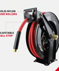 Tough Steel Dual Arm Air Hose Reel Boasting Smooth Auto Retractable Hookup And Crack Proof Epdm Rubber Tubing That Shuts Down Kinks And Ice Jam Issues While Dishing Out Solid 300 Psi Power For Shop Gear And Daily Grind Jobs, showing solid nylon guide rollers and adjustable ball stop.