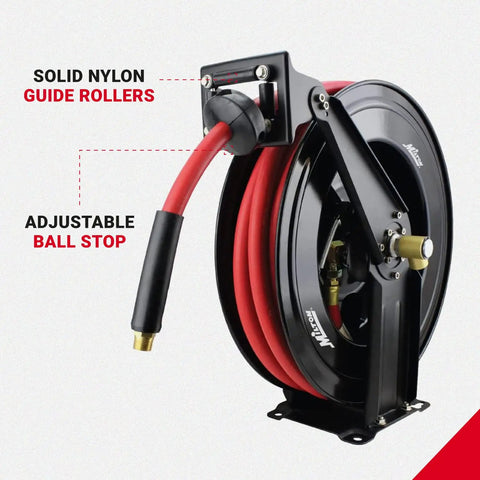 Tough Steel Dual Arm Air Hose Reel Boasting Smooth Auto Retractable Hookup And Crack Proof Epdm Rubber Tubing That Shuts Down Kinks And Ice Jam Issues While Dishing Out Solid 300 Psi Power For Shop Gear And Daily Grind Jobs, showing solid nylon guide rollers and adjustable ball stop.