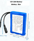 Heavy Duty 12V 3000mAh Rechargeable Battery Pack With 12.6V Charger And DC5521 Connector for DIY projects, blue casing, with dimensions.
