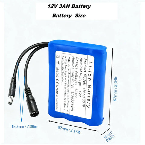 Heavy Duty 12V 3000mAh Rechargeable Battery Pack With 12.6V Charger And DC5521 Connector for DIY projects, blue casing, with dimensions.