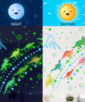 Glow In The Dark Dinosaur Wall Decals For Boys Room Pack Of 652 Pcs showing green dinosaurs, stars, and dots day and night view.