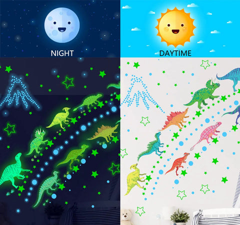 Glow In The Dark Dinosaur Wall Decals For Boys Room Pack Of 652 Pcs showing green dinosaurs, stars, and dots day and night view.