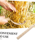 Hands using a weeding sickle with wooden handle for harvesting crops, ergonomic grip, lightweight build, convenient use.