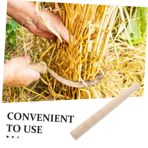 Hands using a weeding sickle with wooden handle for harvesting crops, ergonomic grip, lightweight build, convenient use.