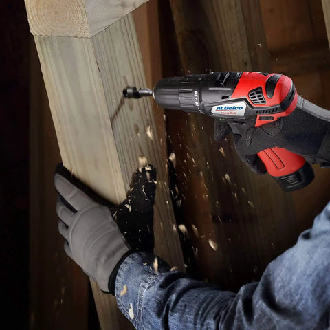 Person using 12V Cordless Ratchet Wrench And Compact Drill Driver Combo Kit, 3 Eighths Inch Drive on wood beam, G12 Series Value Pack
