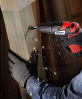 User operating 12V Cordless Mini Polisher and Drill Driver Combo Kit With Three Inch Polisher, Three Eighth Inch Drill, Two Li Ion Batteries, Two Speed Power Tool Set for Pros and DIY Enthusiasts on wooden beam.