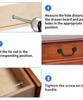 Installation steps for Antique Black Bail Drop Drawer Pulls 4 Pack With 3.5 Inch Hole Center and 4.72 Inch Total Length on drawer.