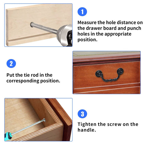 Installation steps for Antique Black Bail Drop Drawer Pulls 4 Pack With 3.5 Inch Hole Center and 4.72 Inch Total Length on drawer.