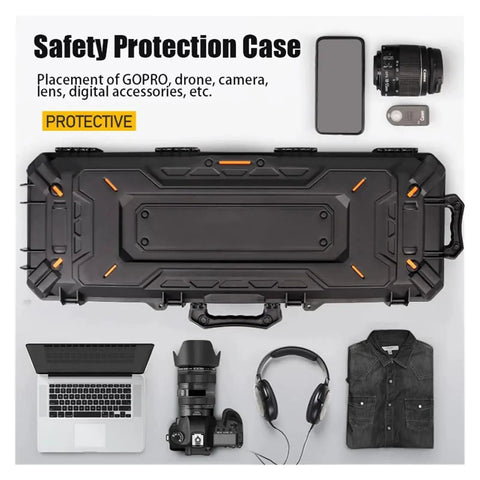 Overhead view of Road-Ready Waterproof Gear Case With Wheels For Cameras Computers Bows Arrows Fishing Rods Golf Clubs And More, Heavy Duty Tool Box With Thick Foam Padding And Dual Handles For Easy Carry Or Pull, surrounded by digital equipment and clothing.