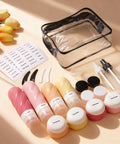 23 Pack TSA Approved Travel Bottles Set With Leakproof Refillable Silicone Squeezable Bottles And Jars For Shampoo Conditioner Lotion Cream In Clear Pink Bag Perfect For Short Getaways And Long Trips displayed on a table