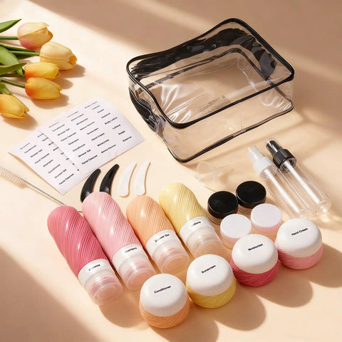 23 Pack TSA Approved Travel Bottles Set With Leakproof Refillable Silicone Squeezable Bottles And Jars For Shampoo Conditioner Lotion Cream In Clear Pink Bag Perfect For Short Getaways And Long Trips displayed on a table