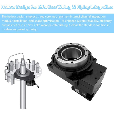 Hollow Rotating Platform With 5 To 1 Planetary Gearbox for precision, shown with wiring integration feature.