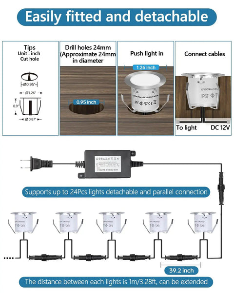 Diagram showing installation of 16 Pack Recessed LED Deck Light Kits 12V Low Voltage Outdoor Step Lights IP67 Waterproof