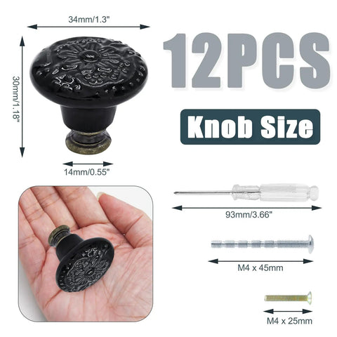 12 Pack Black Ceramic Kitchen Cabinet Knobs Set With 34mm Diameter And 30mm Height Includes Two Screw Sizes And Mini Screwdriver For Easy Install Sleek Durable Pull Handles For Cabinets And Drawers. Black ceramic cabinet knob, 34mm x 30mm, with included screws and screwdriver.