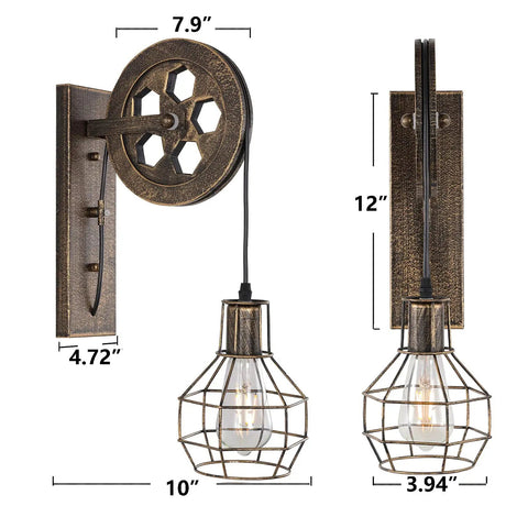 Industrial Pulley Wall Sconce With Matte Iron Cage And Wood Wheel Bronze Color Vintage Mid Century Revival Indoor Lighting For Barn Restaurant Farmhouse Industrial Chic Vibe, dimensions labeled 4.72" x 12" and 7.9" x 3.94".