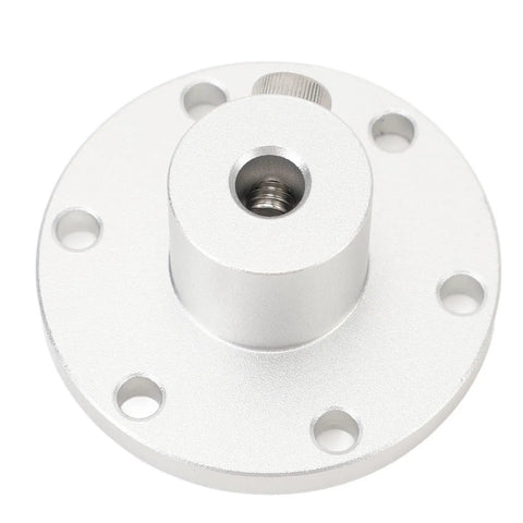 Smooth Operator 8mm Flange Shaft Coupling With Universal Aluminum Mounting Hub And Precision Motor Guide For DIY RC Projects top view of silver aluminum coupling with screw holes