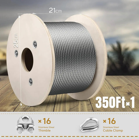 One Quarter Inch Stainless Steel Cable, 350 Feet Of Aircraft Wire Rope With Clamps And Thimbles For Your Backyard Zipline