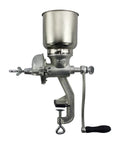 Side view of GM 150 Grain Mill With Tin Coated Cast Iron Large Hopper Beefy Grind Power Grinds One Pound Per Minute