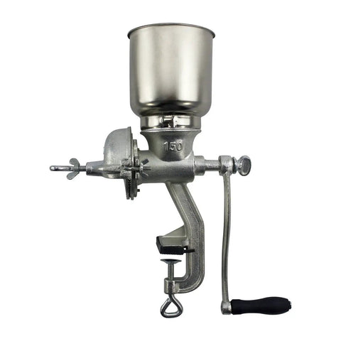 Side view of GM 150 Grain Mill With Tin Coated Cast Iron Large Hopper Beefy Grind Power Grinds One Pound Per Minute