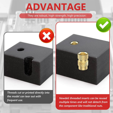 Heat Set Threaded Inserts Kit Brass Knurled For Plastic And 3D Printing Components M2 To M6 Size Range, 400 Pieces image showing comparison of insert installation.