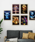 Living room with six framed Six Pack Diamond Art Kits For Adults Landscape 5D Diamond Painting Set glowing on the wall.