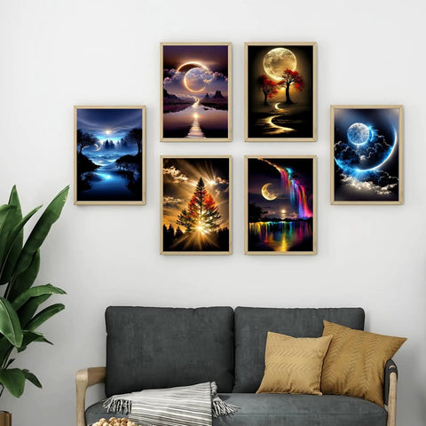 Living room with six framed Six Pack Diamond Art Kits For Adults Landscape 5D Diamond Painting Set glowing on the wall.