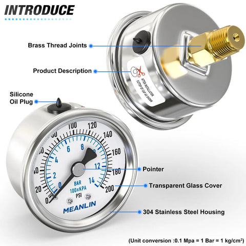 Stainless Steel Dry Pressure Gauge Pro Grade 0 to 200 Psi With 2 Inch Dial Center Back Mount, brass thread joints, silicone oil plug