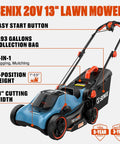 Cordless 20V 13 Inch Lawn Mower With 2 In 1 Mulching And Bagging Five Height Settings From 1 To Two And A Half Inches Powerful 3500 RPM Motor For Quick Yard Work Lightweight Electric Push Mower For Small To Medium Yards, 13-inch deck with collection bag