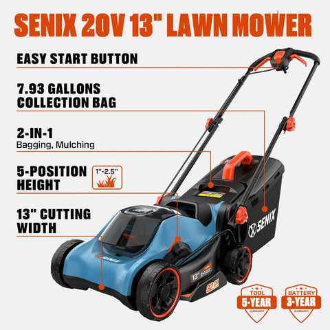 Cordless 20V 13 Inch Lawn Mower With 2 In 1 Mulching And Bagging Five Height Settings From 1 To Two And A Half Inches Powerful 3500 RPM Motor For Quick Yard Work Lightweight Electric Push Mower For Small To Medium Yards, 13-inch deck with collection bag