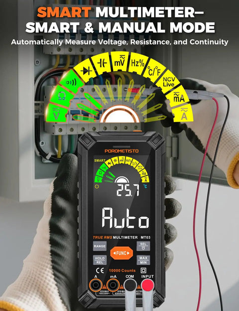 True RMS 10000 Counts Digital Multimeter with Rechargeable Battery measuring voltage inside electrical panel