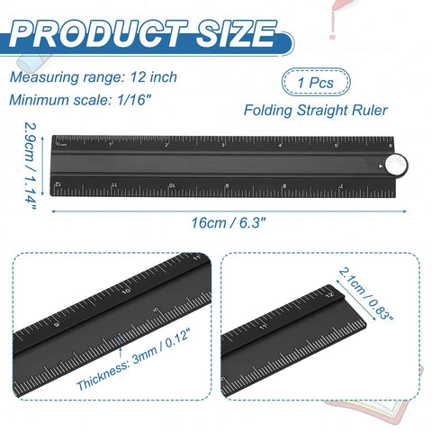 Folding Straight Ruler 12 Inch Aluminum Alloy Handy Protractor And Angle Ruler Geometric Measuring Tool For Architects Artists Designers Classroom And Office Use Black, folded 16cm/6.3 inch