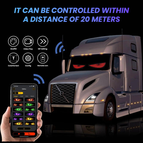 2 Pack Devil Eyes LED Lights For Cars With Remote And Bluetooth App Control showing on a truck with mobile interface screen.