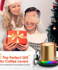Smart Self Heating Coffee Mug With 12 Oz Capacity And Ai Auto Warm Tech Features Music Reactive Ambient Lights next to a gift.